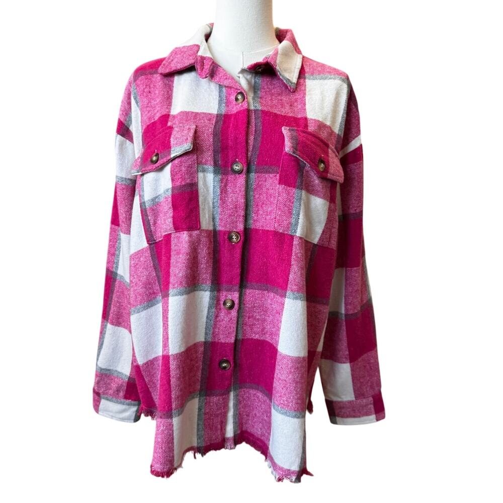 BLUE B Hot Pink Plaid Frayed Hem Oversized Shacket Shirt Jacket Medium Cabincore